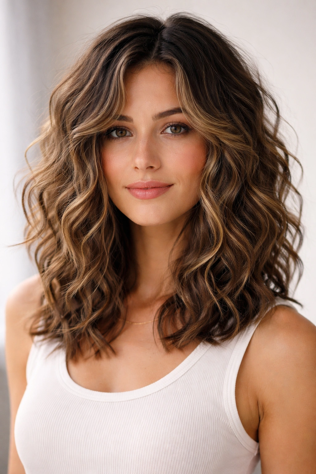 Shoulder-length lob with choppy layers and 2C-3A waves