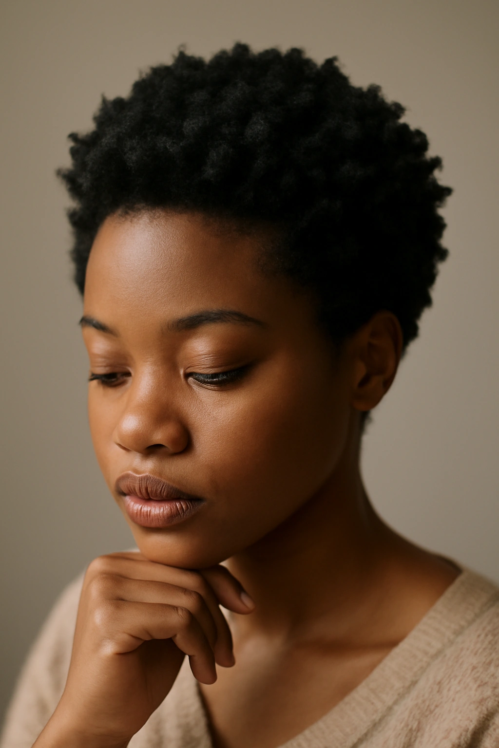 Close-up portrait of a person with short, natural 4C hair and defined coils in a neutral studio backdrop