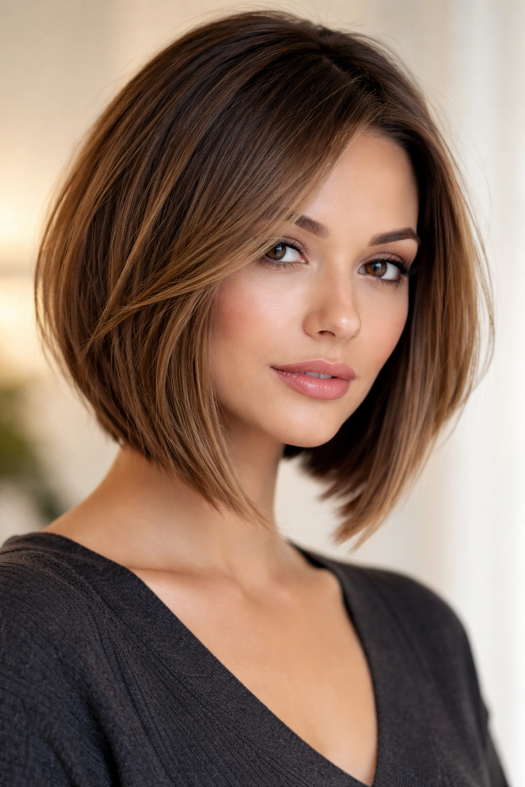 A-line bob with angled layers creates face-framing silhouette