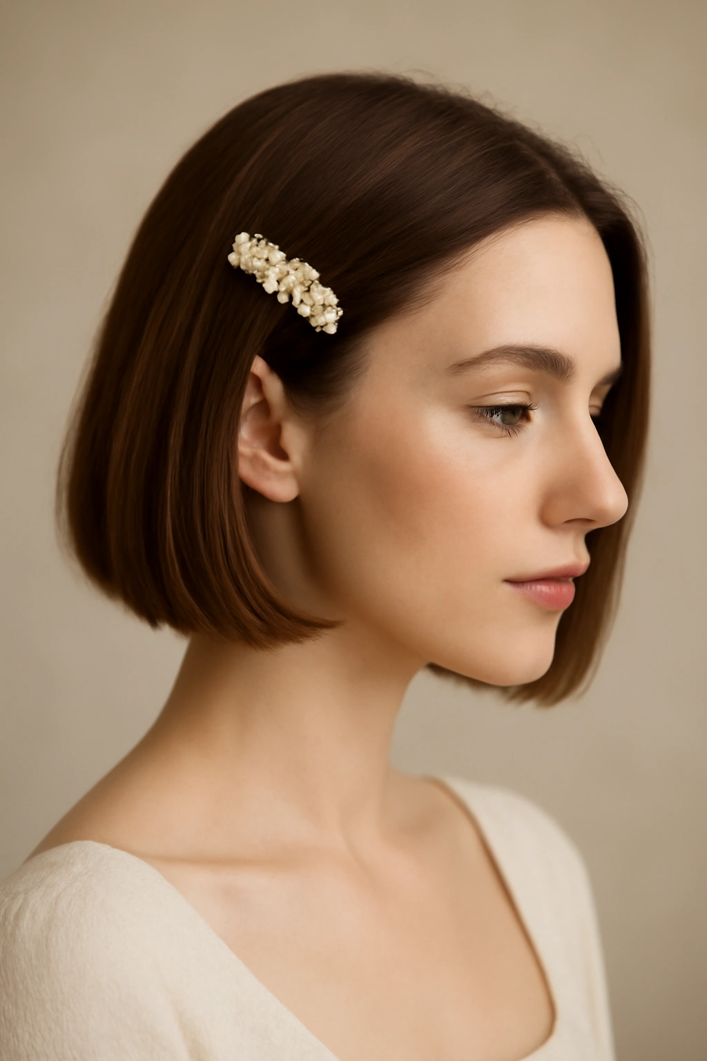 Bob with a single jeweled clip off-center for wedding elegance