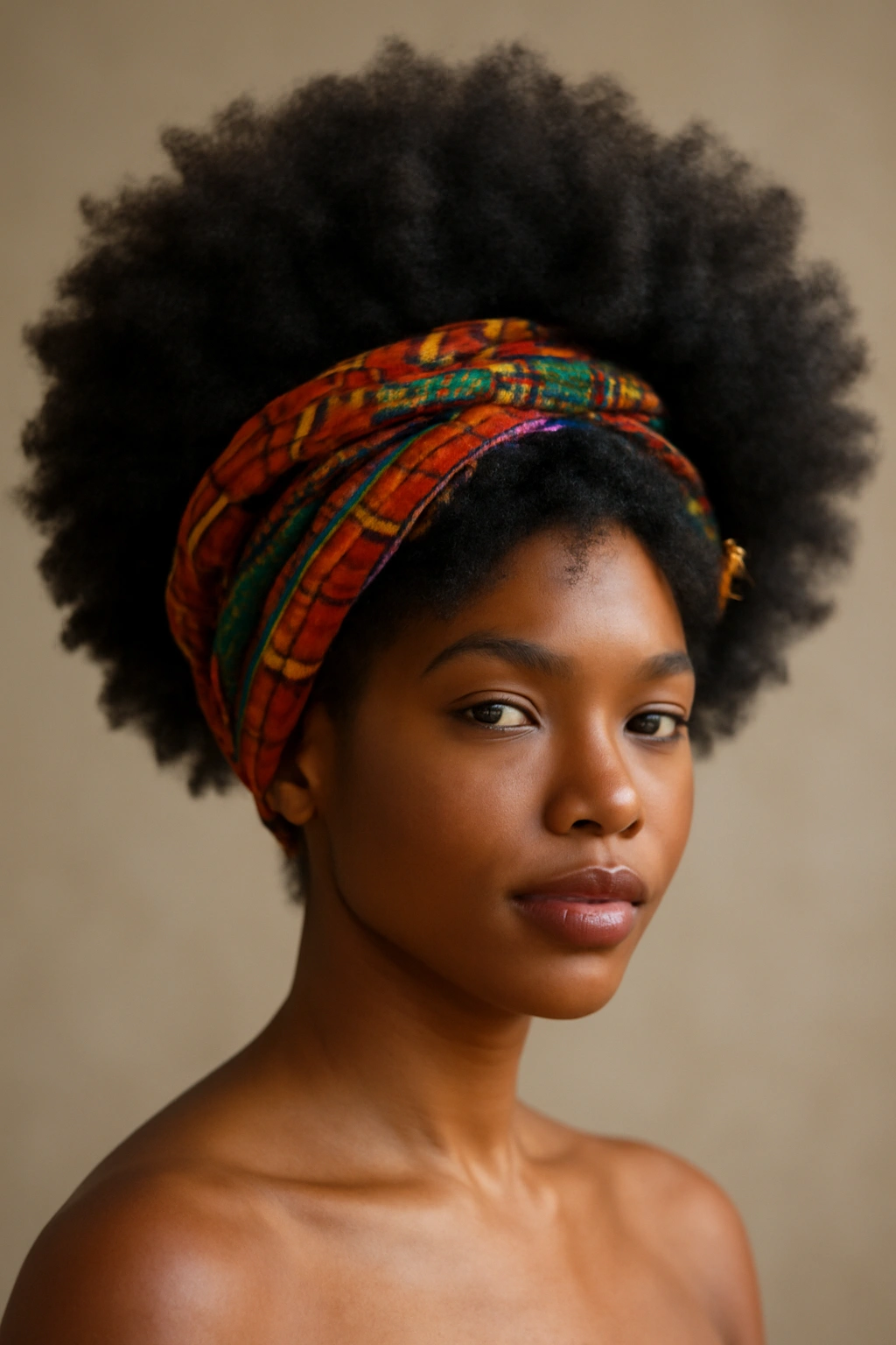 Afro hairstyle accented with a colorful headwrap and hair cuffs