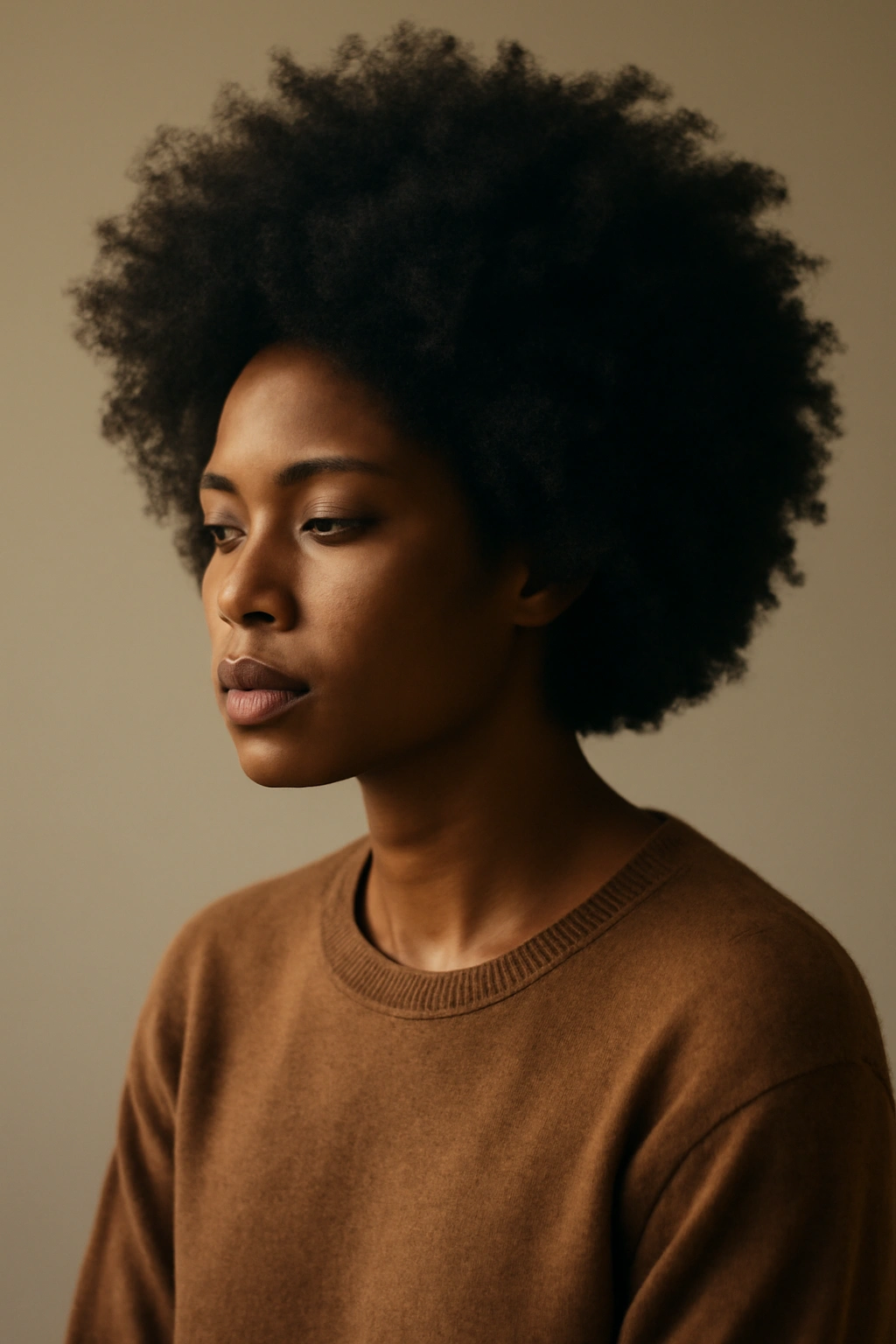 Contemplative portrait of a person with a full afro in a minimalist studio