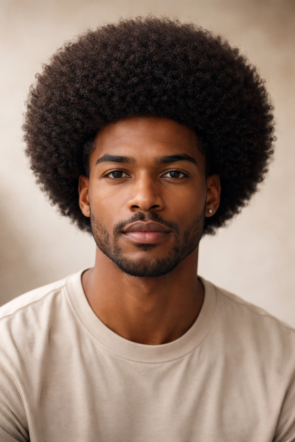 Portrait of a man with a natural rounded Afro showing even curl length.