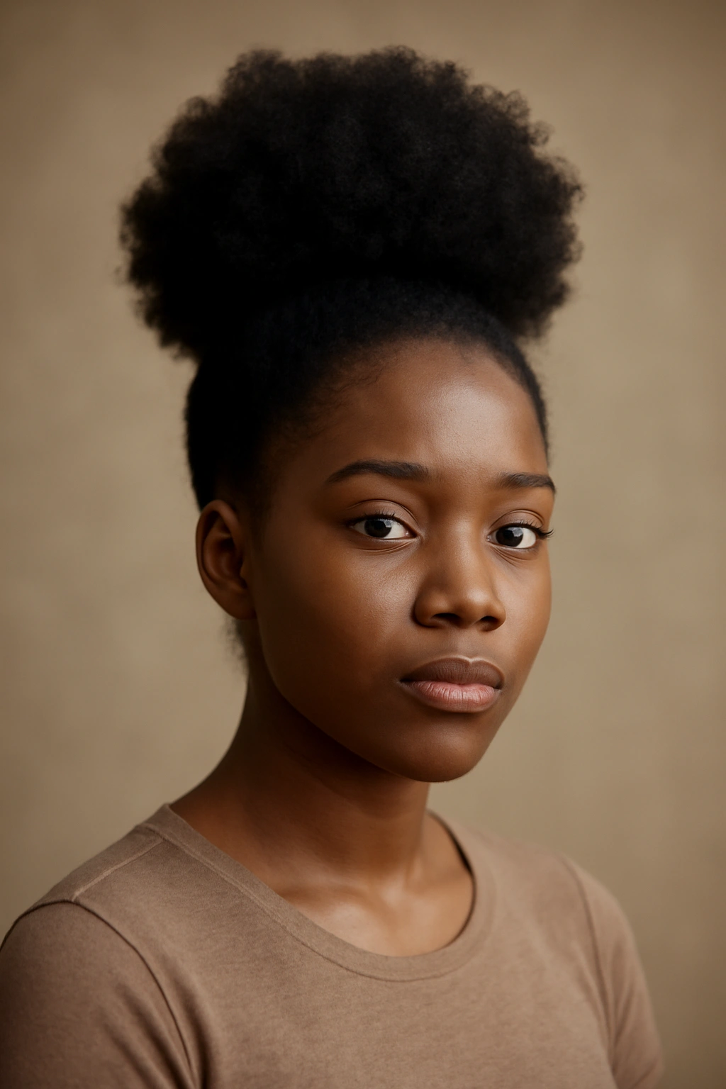 Single crown afro puff with rounded volume at the top