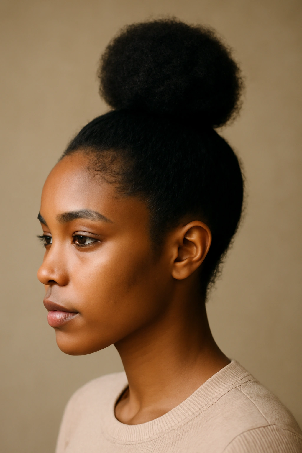 Close-up of a high crown afro topknot with smooth edges in a neutral studio setting