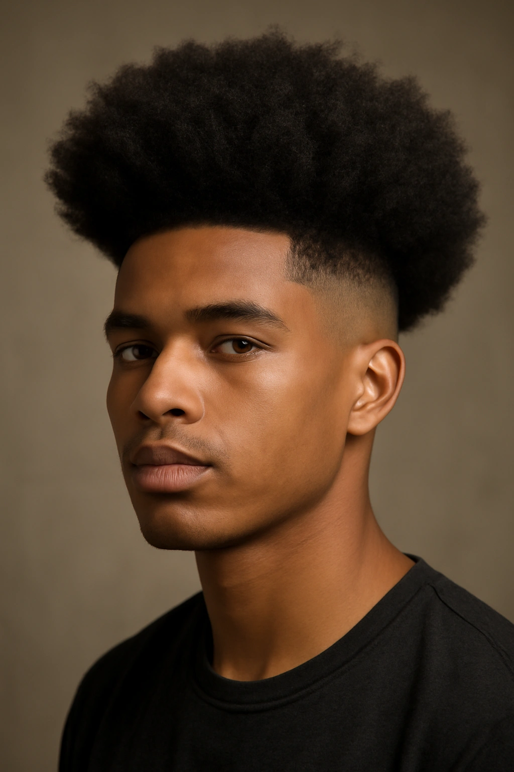 Front view of an afro with shaved sides showing dramatic contrast and texture.