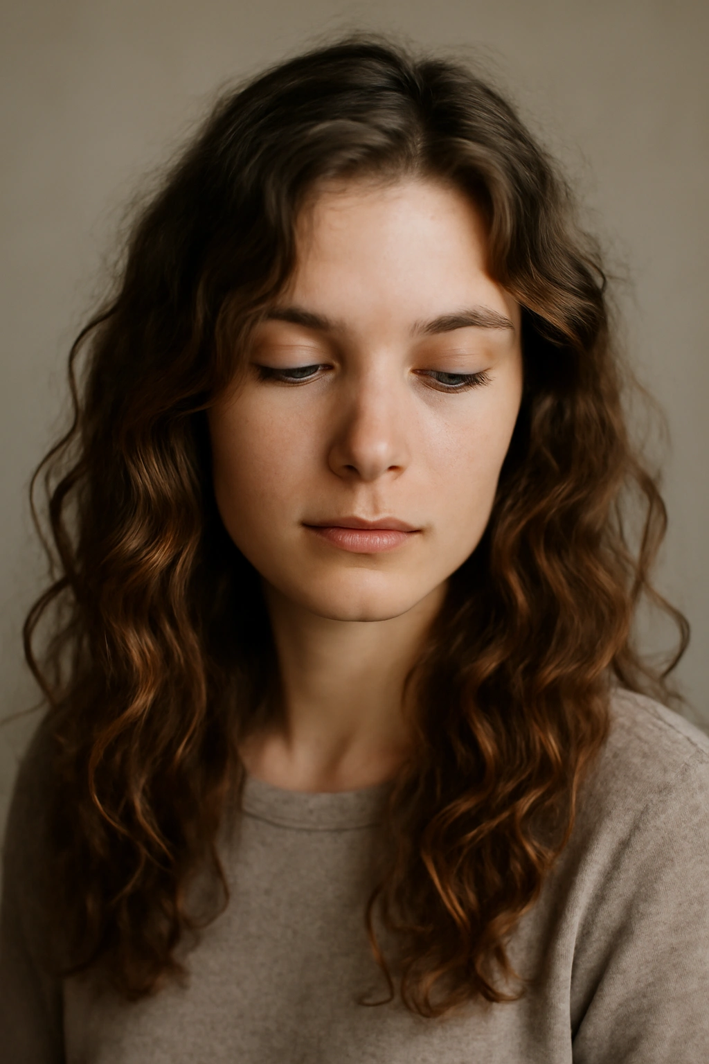 Contemplative portrait showcasing natural air-dried waves in hair