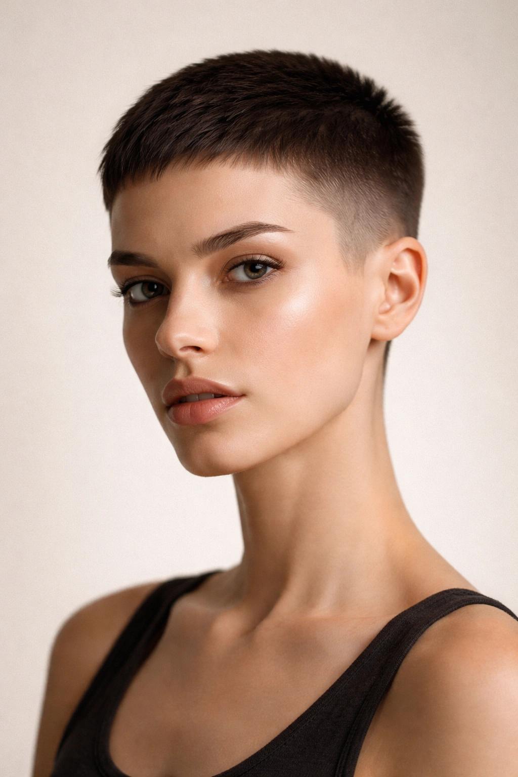 Close-up of an androgynous crop pixie cut highlighting bold geometric lines