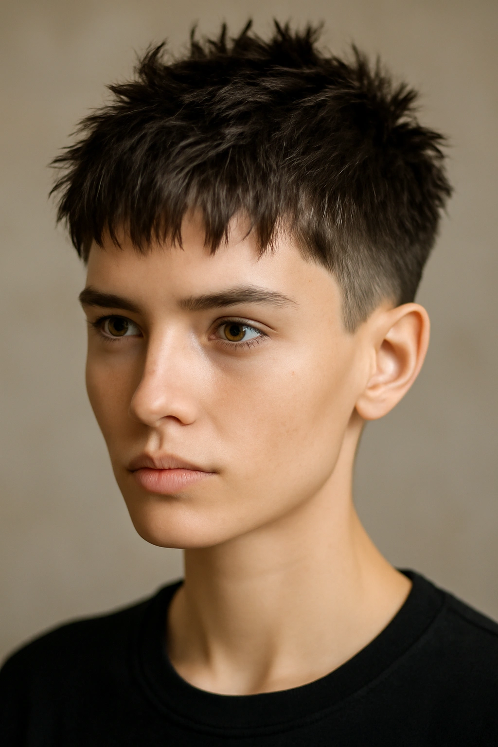 Headshot of an androgynous crop with very short back and sides and textured top