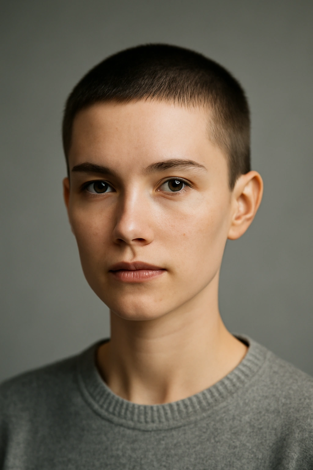Close-up portrait of a person with a blunt ultra-short pixie cut in an androgynous style