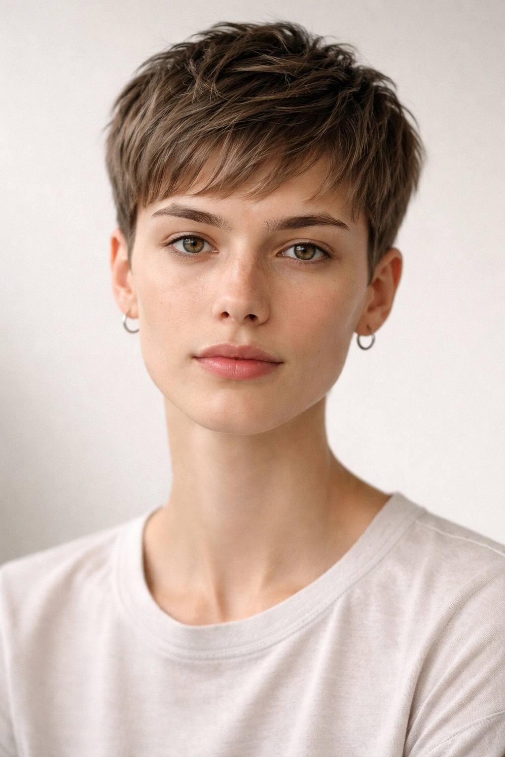 Portrait of an androgynous gender-neutral pixie cut on a model in a clean studio.