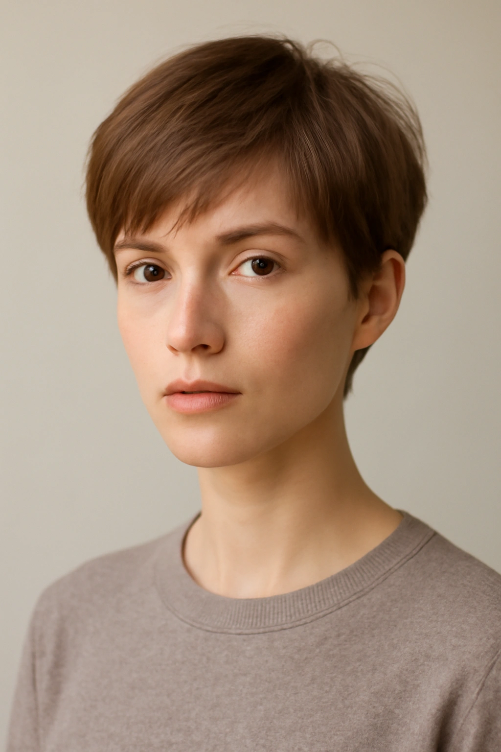 Close-up portrait of a person with a softly layered androgynous pixie haircut