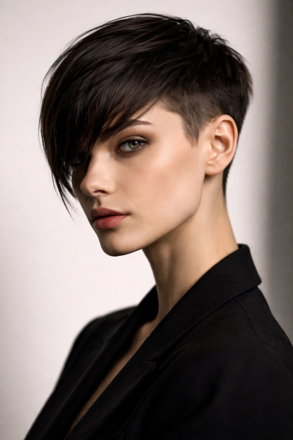 Portrait of The Androgynous Pixie with Longer Bangs showing architectural lines and cheekbone-grazing bangs.