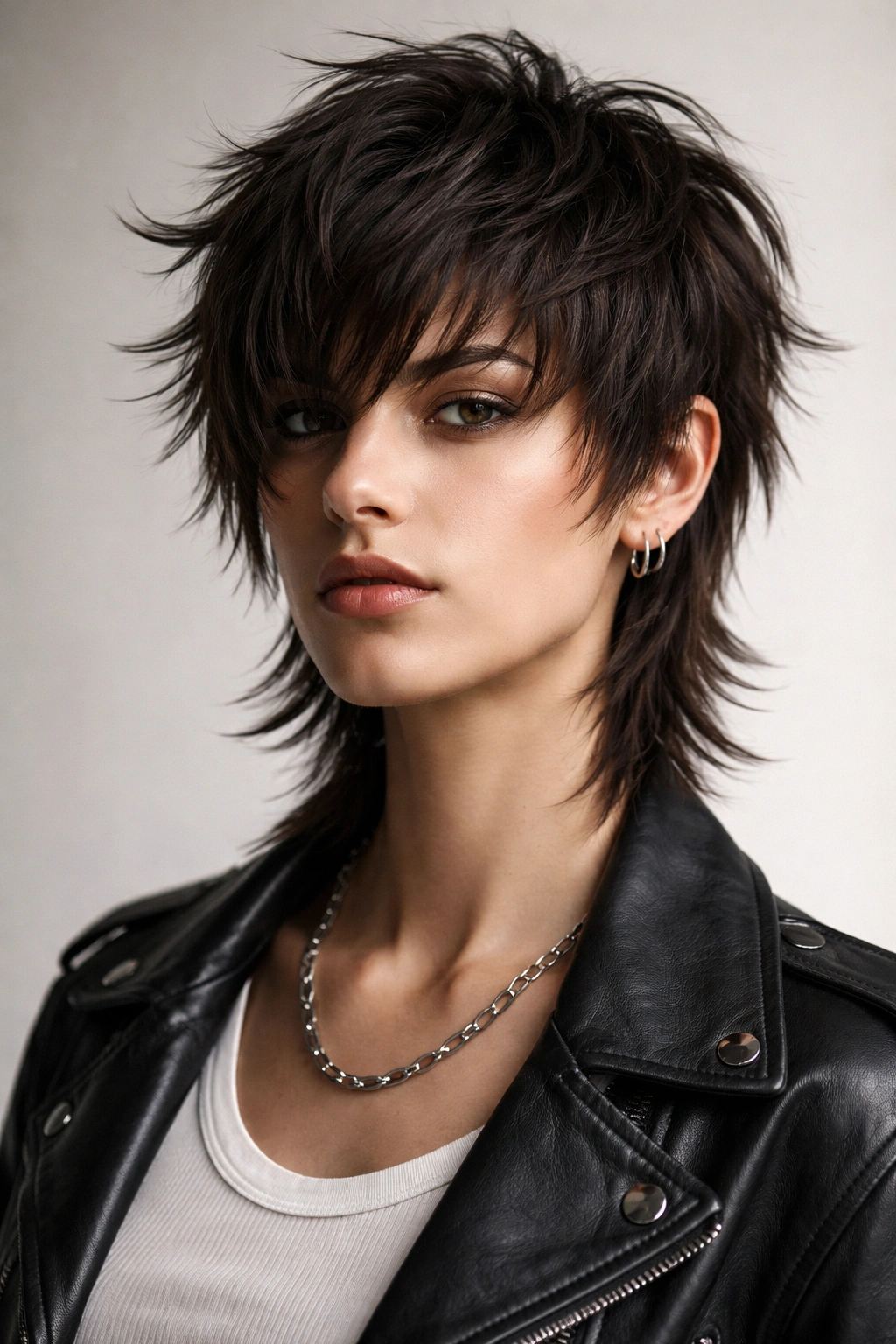 Close-up of an androgynous shag with sharp lines and face-framing layers