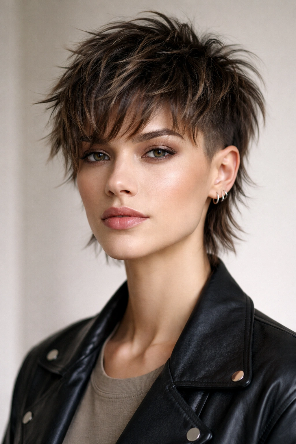 Portrait of a person with a modern androgynous shag: sharp sides and textured top