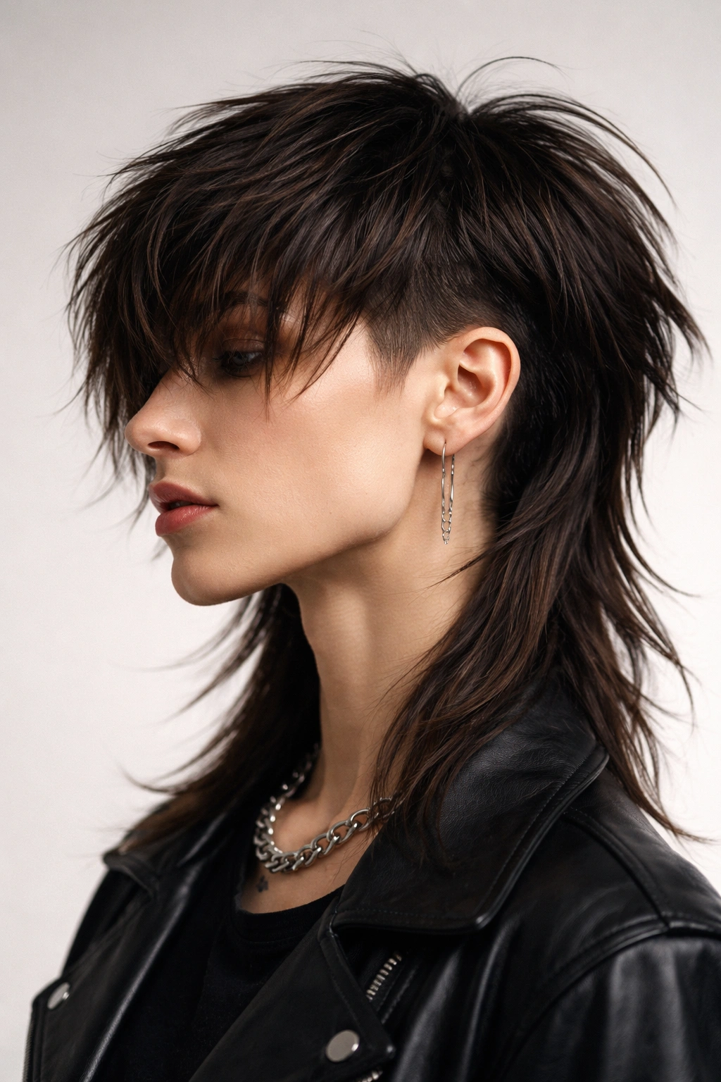 Androgynous shullet with sharp geometric lines and undercut.