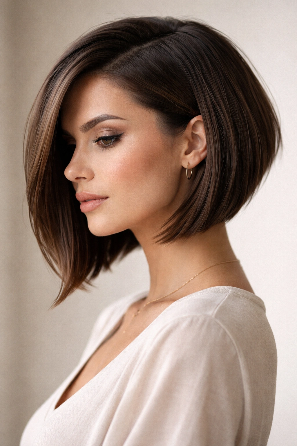 Profile view of a model with an angled bob showing longer front and shorter back.