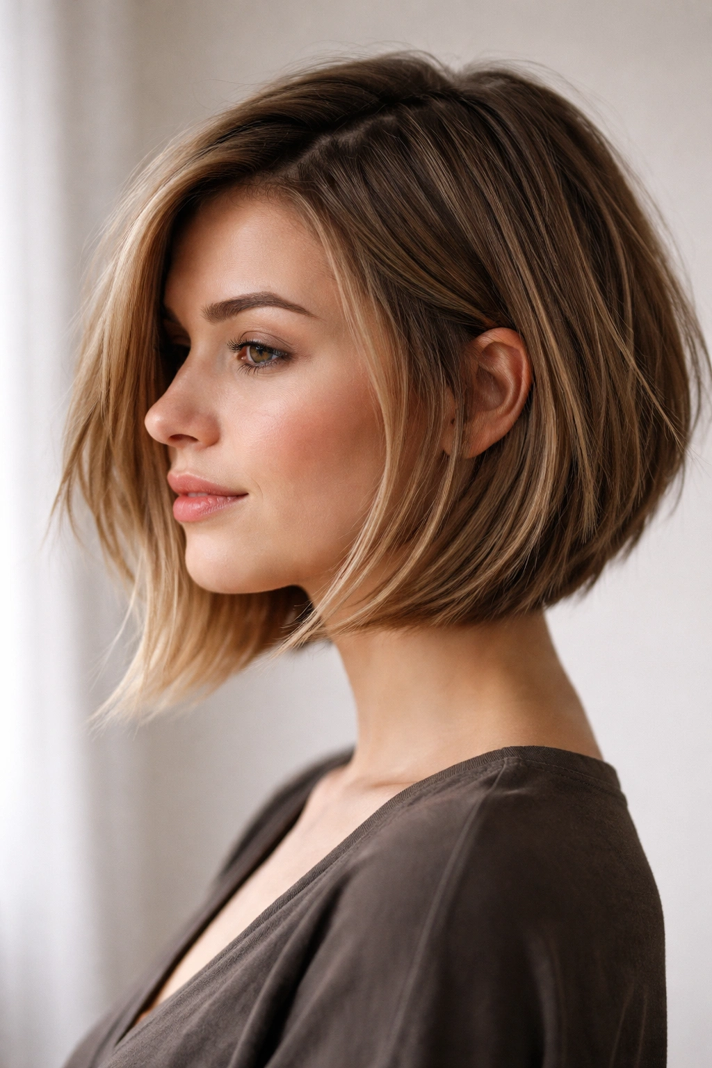 Angled bob hairstyle with longer front and shorter back, showing textured layers