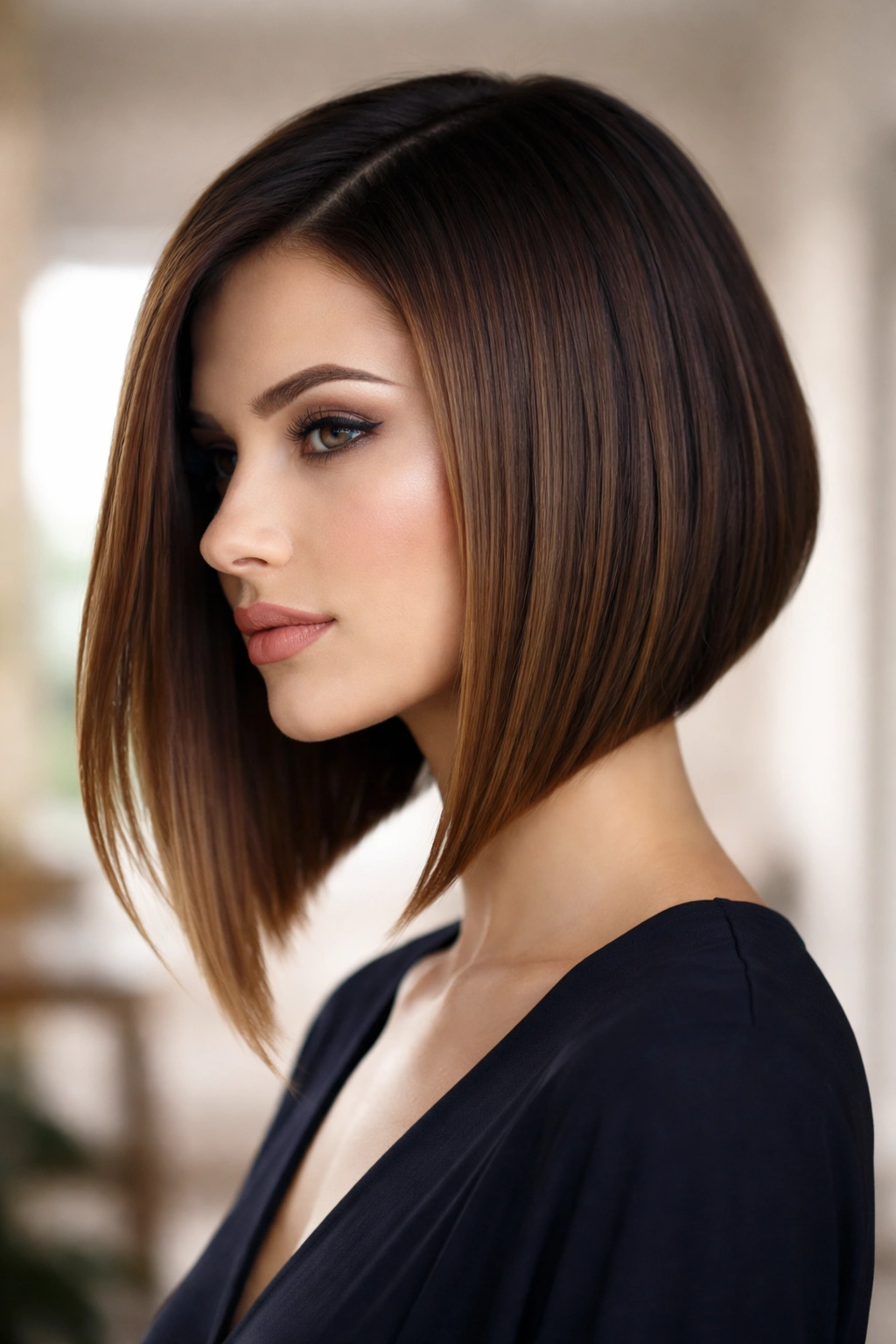 Portrait of an angled bob with longer front pieces and a sharp diagonal line