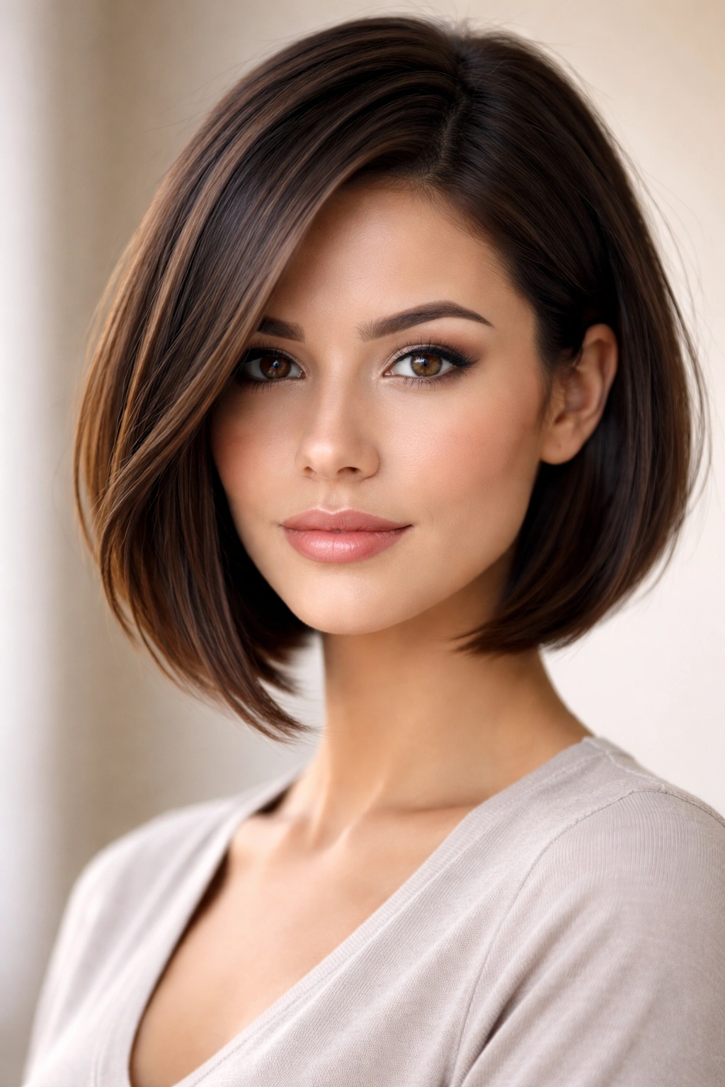 Chin-length angled bob with front-forward pieces creating a face-framing silhouette