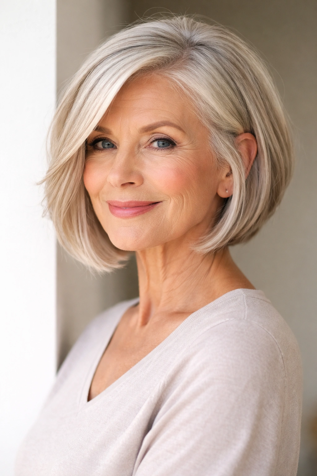 Mature woman with angled bob and longer front pieces