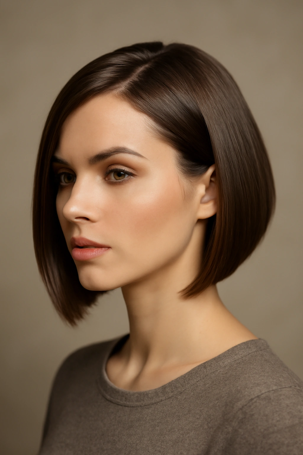 Close-up of a sleek angled bob with a diagonal length and deep side part
