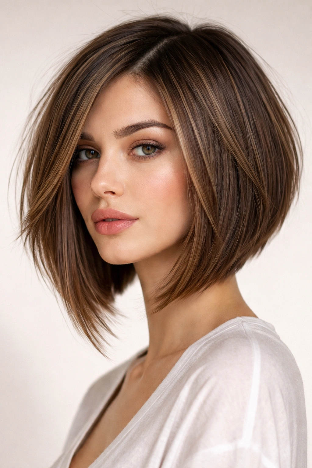 Angled bob with long layered pieces and sharp silhouette.