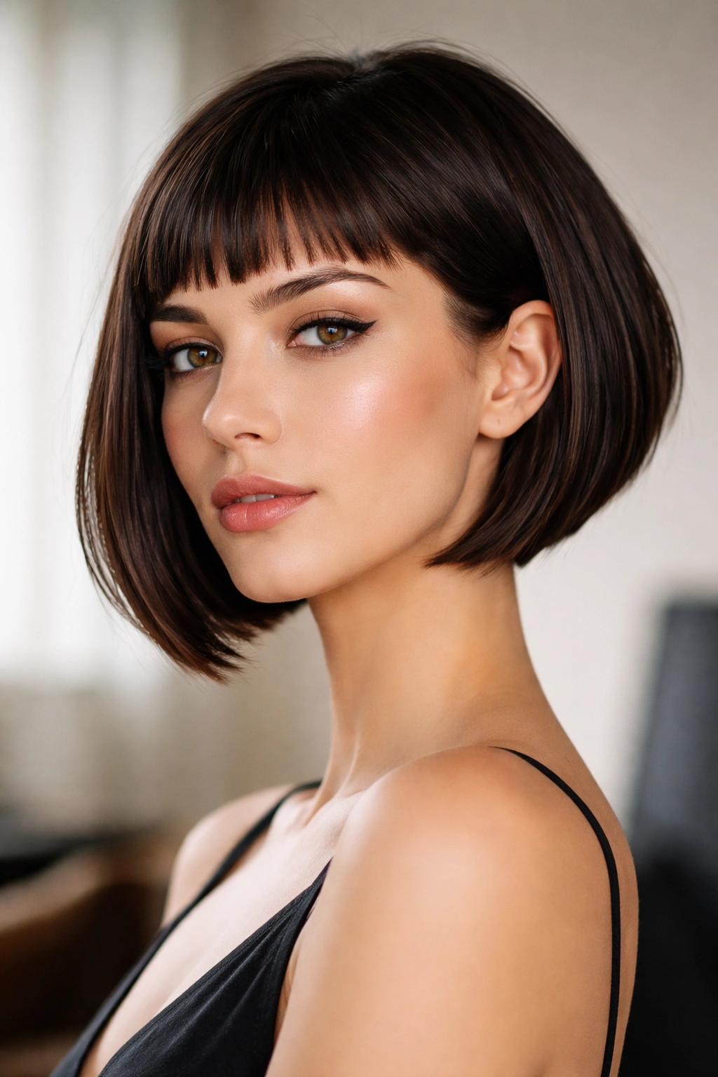 Angled bob with micro bangs on oval face in studio portrait