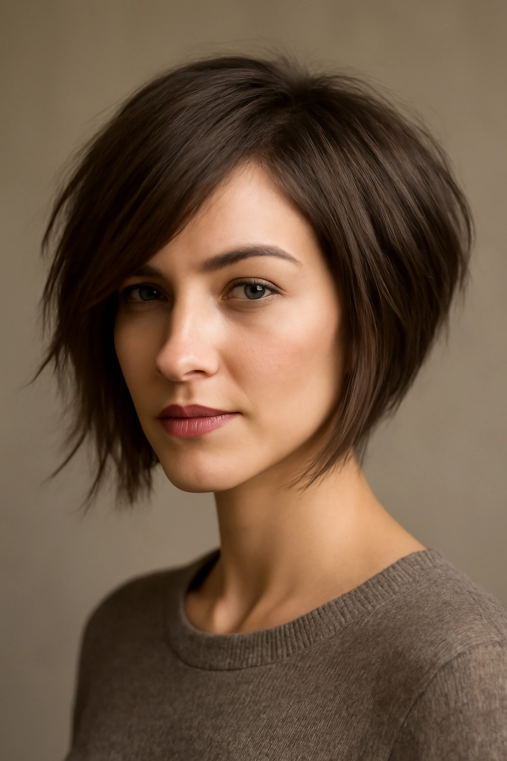 Angled bob with razor-cut layers showing longer front and shorter back