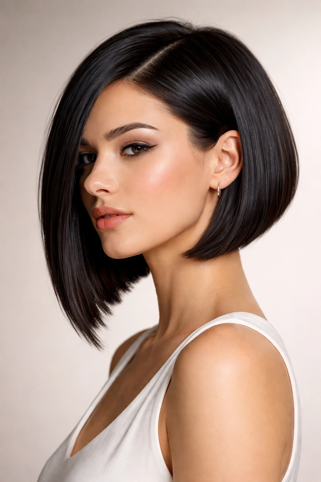 Close-up of a thick straight-haired model wearing a sleek angled bob with a sharp geometric line.