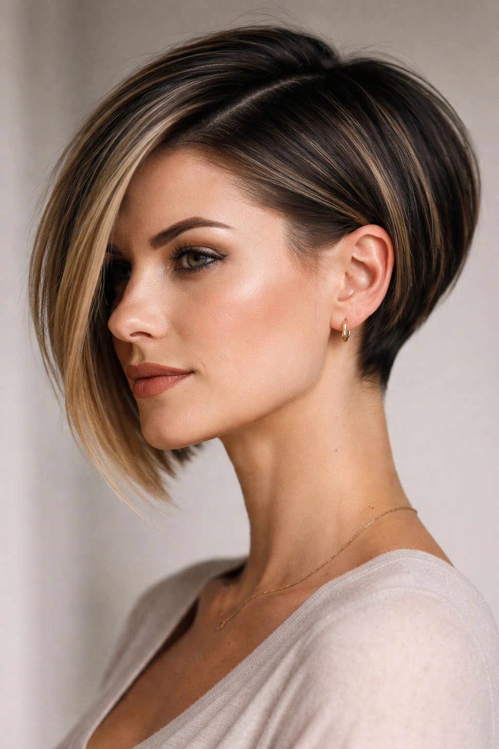 Angled bob with undercut hairstyle close-up portrait.