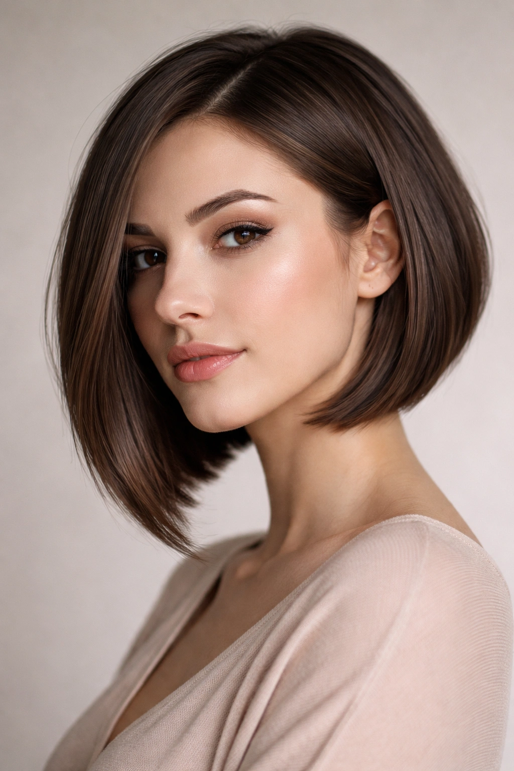 Close-up portrait of angled front bob with jawline-grazing front and shorter back.