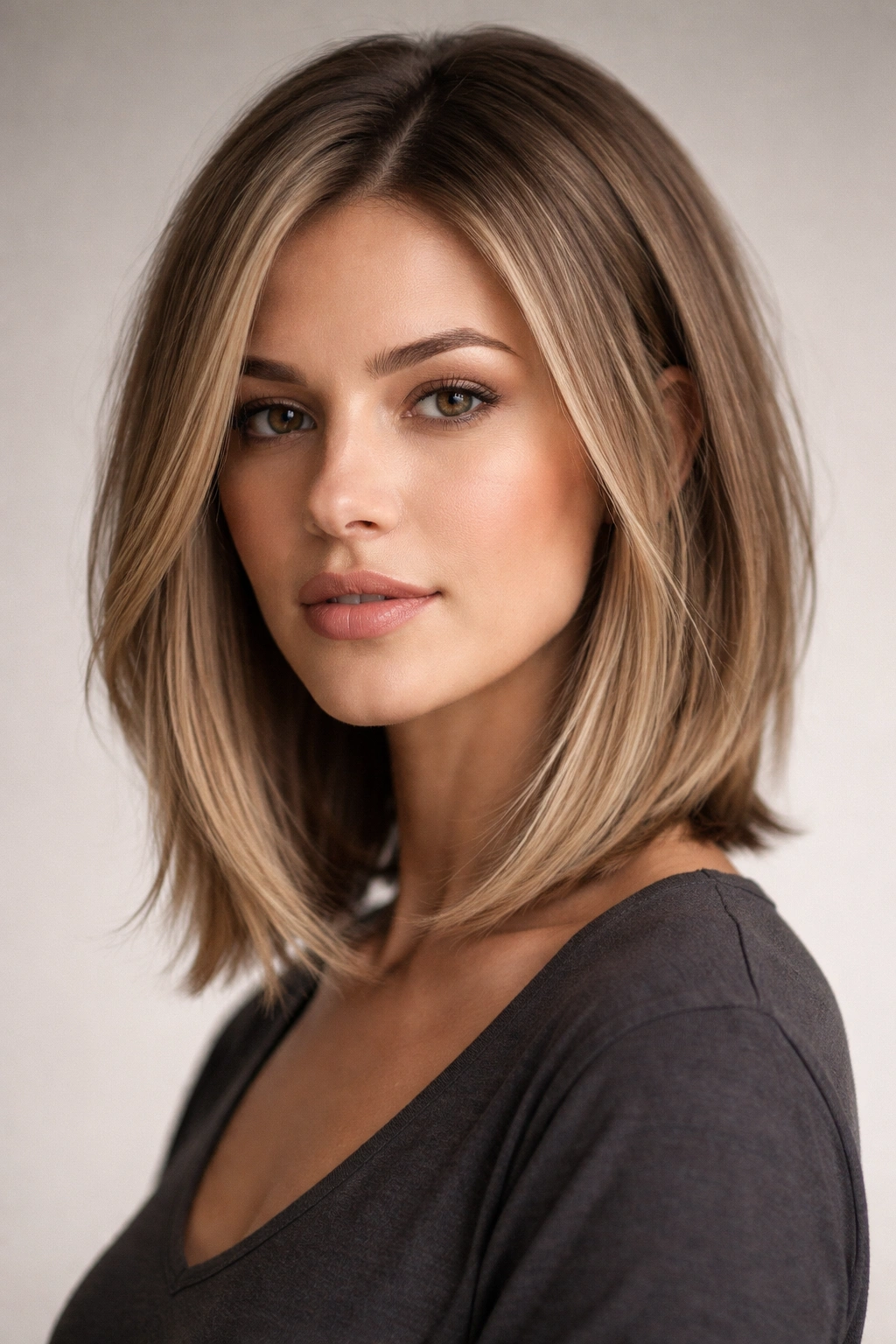 Close-up of angled haircut with longer front pieces framing the face