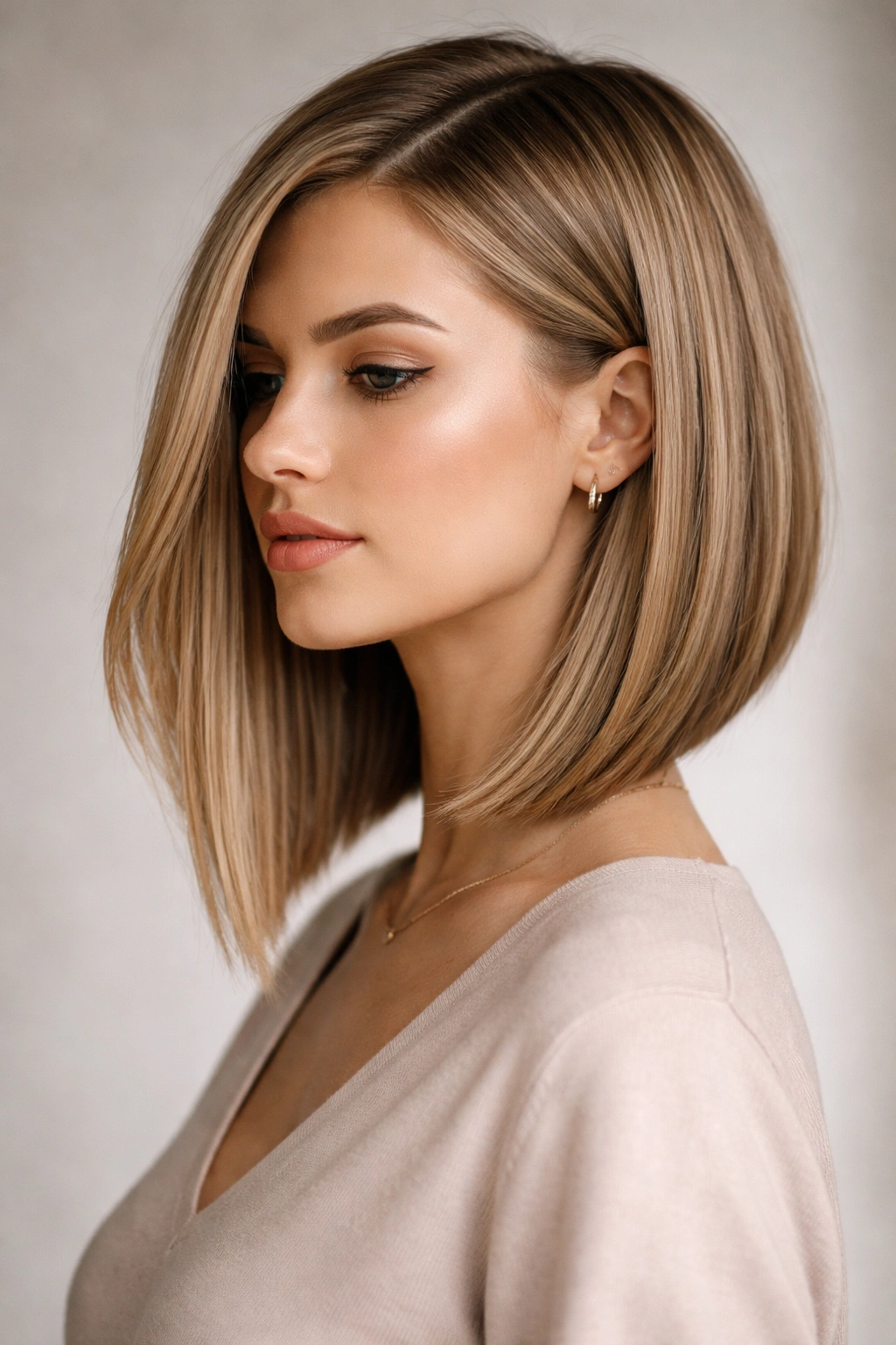 Portrait of a person with an angled lob showing a diagonal line from front to back
