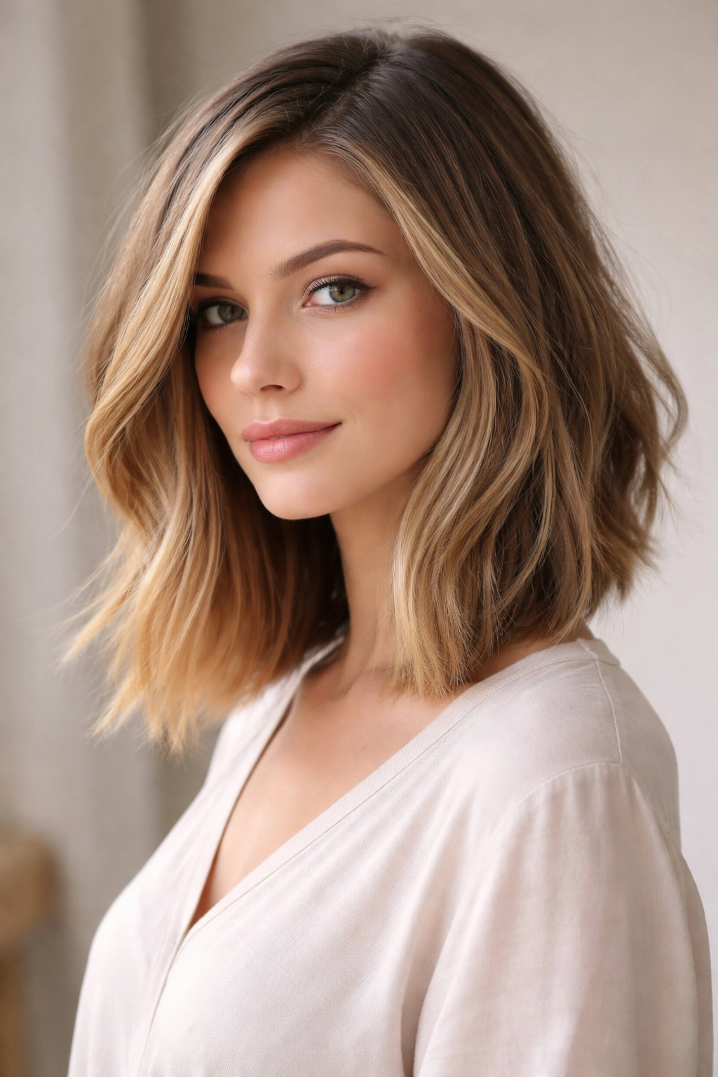 Angled lob long bob with diagonal front pieces and subtle waves