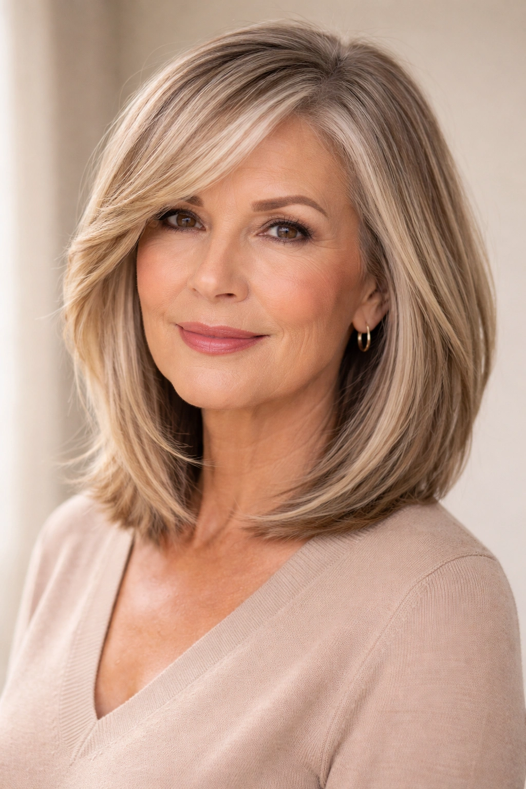 Older woman with angled lob and side layers softening square jawline.