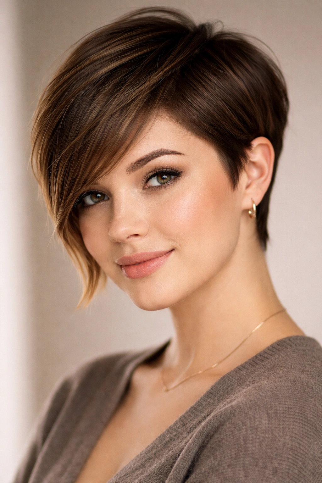 Portrait of a person with an angled pixie featuring longer front pieces framing the face