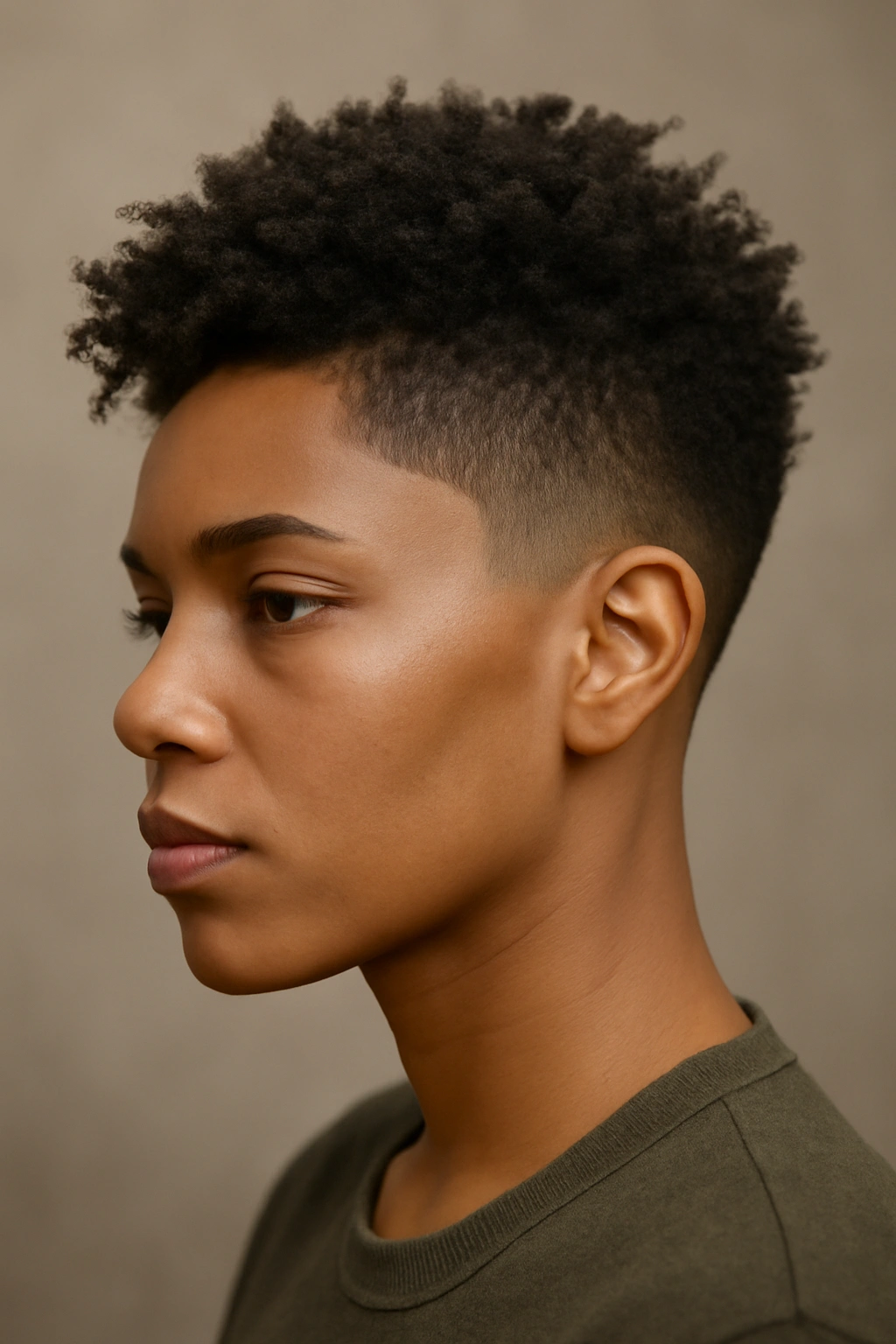 Close-up portrait of a person with an angled taper and textured crown on an angular face.