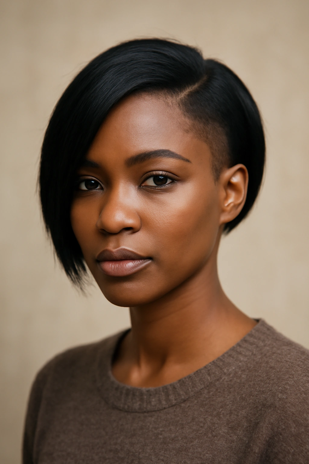 Portrait of a Black woman with an angled undercut bob