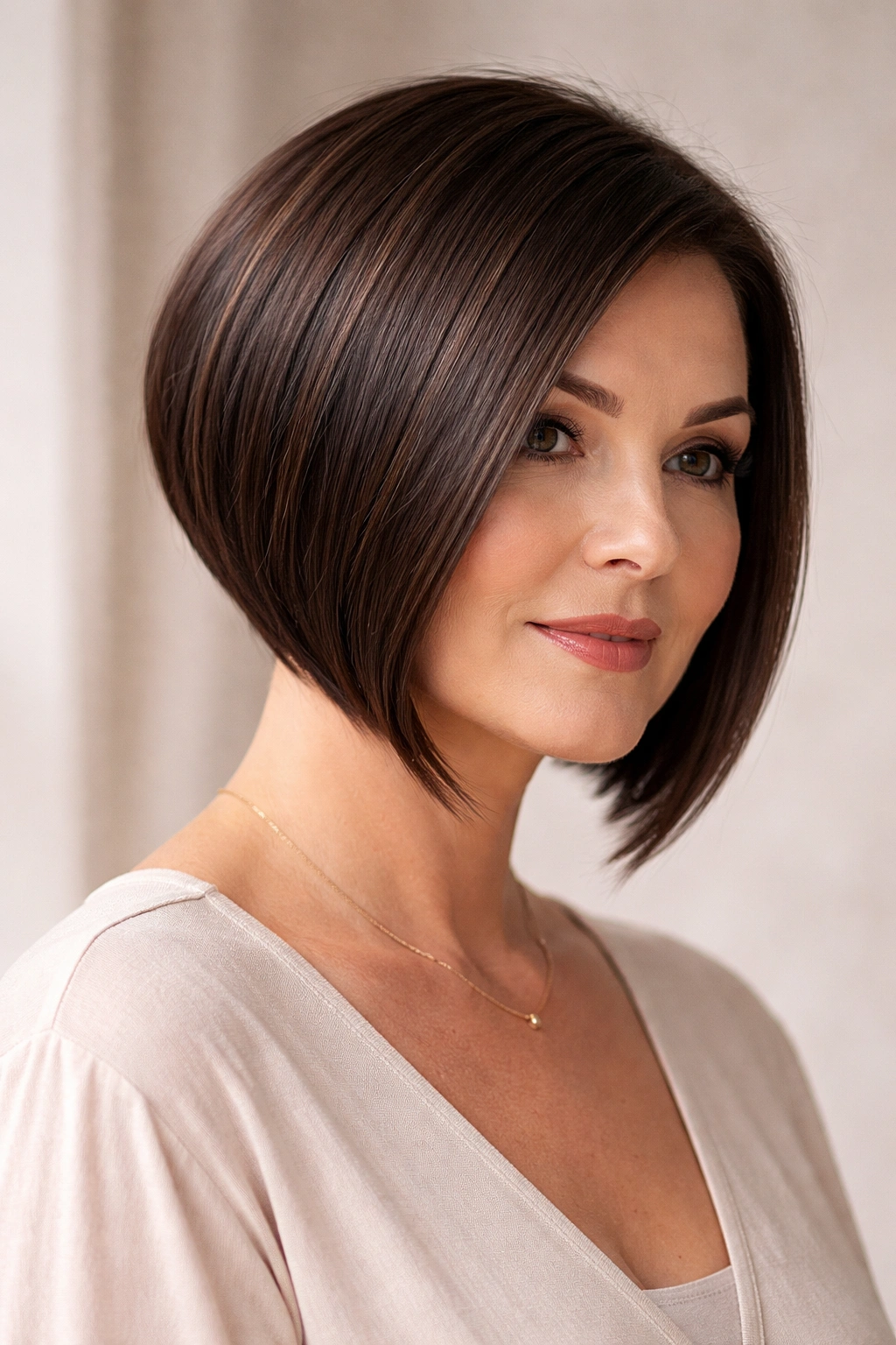 Portrait of a woman with an angular bob emphasizing diagonal lines