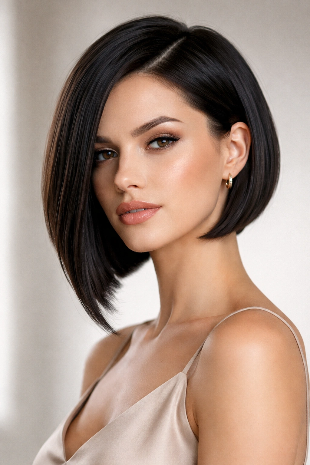 Sleek angular bob with sharp asymmetrical lines and no bangs
