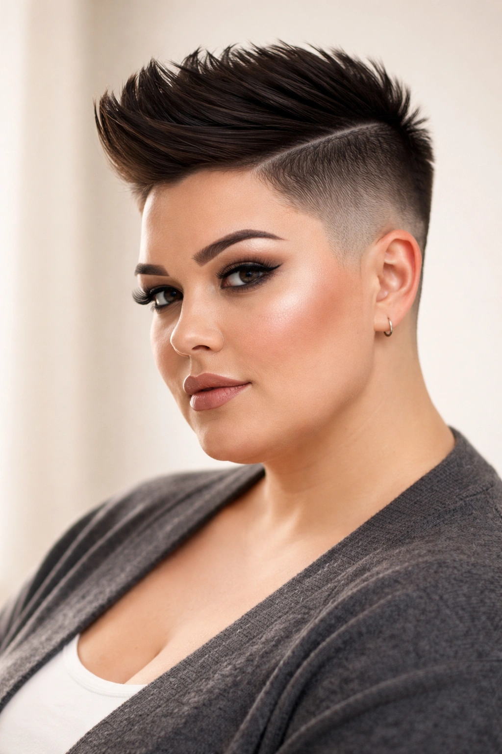 Angular fade hairstyle with sharp top angles and very short sides in a studio portrait