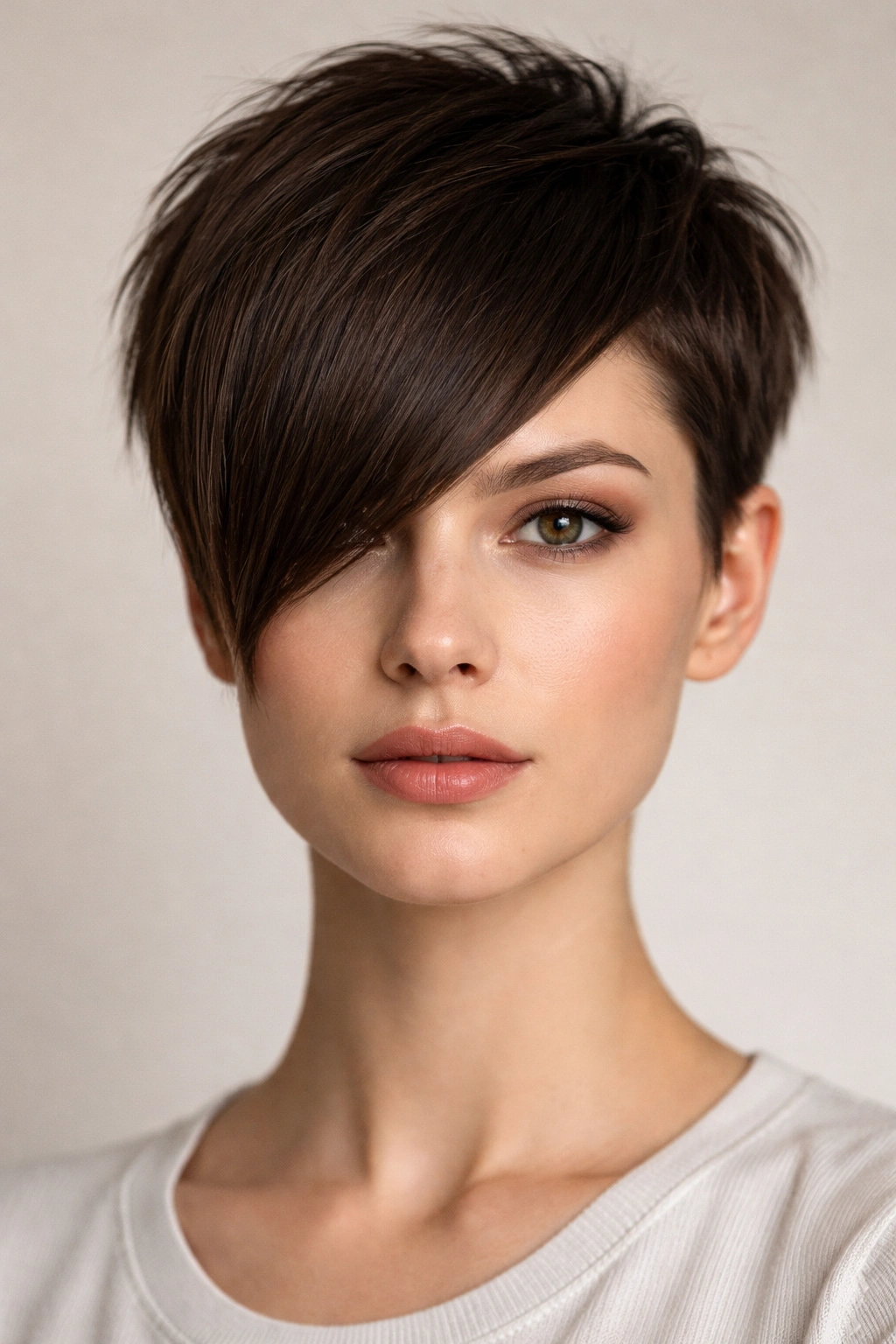 Frontal view of angular fringe with sharp angled bangs