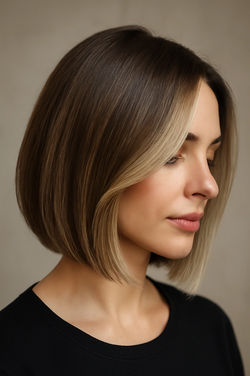 Angular lob with soft money pieces blending into hair