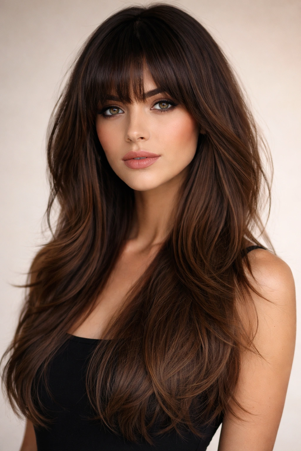 Close-up of bold arched bangs with long layers framing the face