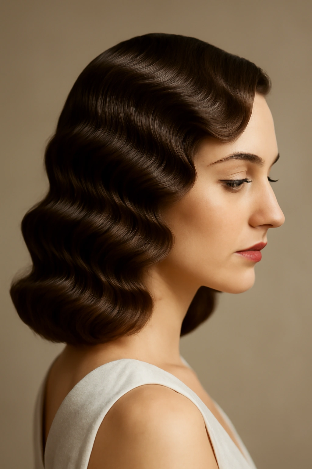 Art Deco waves hairstyle with bold geometric patterns and deep side part on long hair