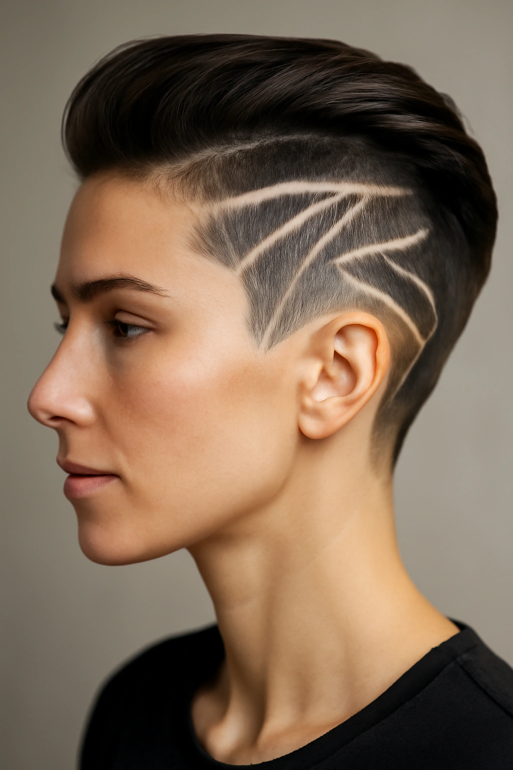 Close-up of an artistic shaved undercut with bold geometric design