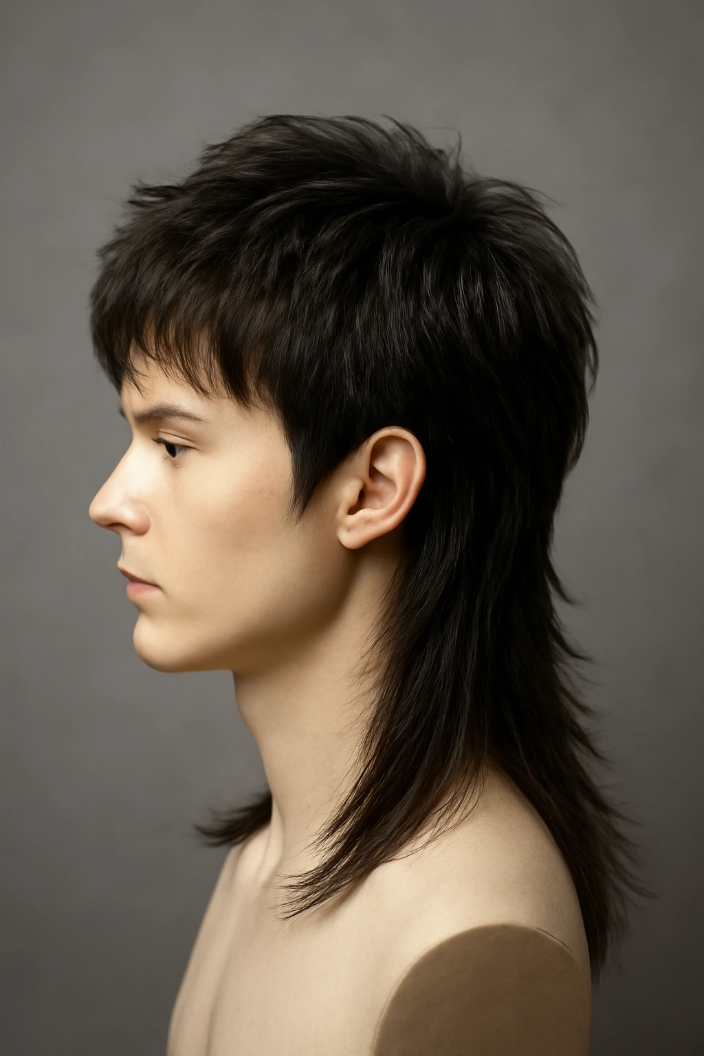 Close-up of a modern Asian mullet with textured layers and a sleek finish