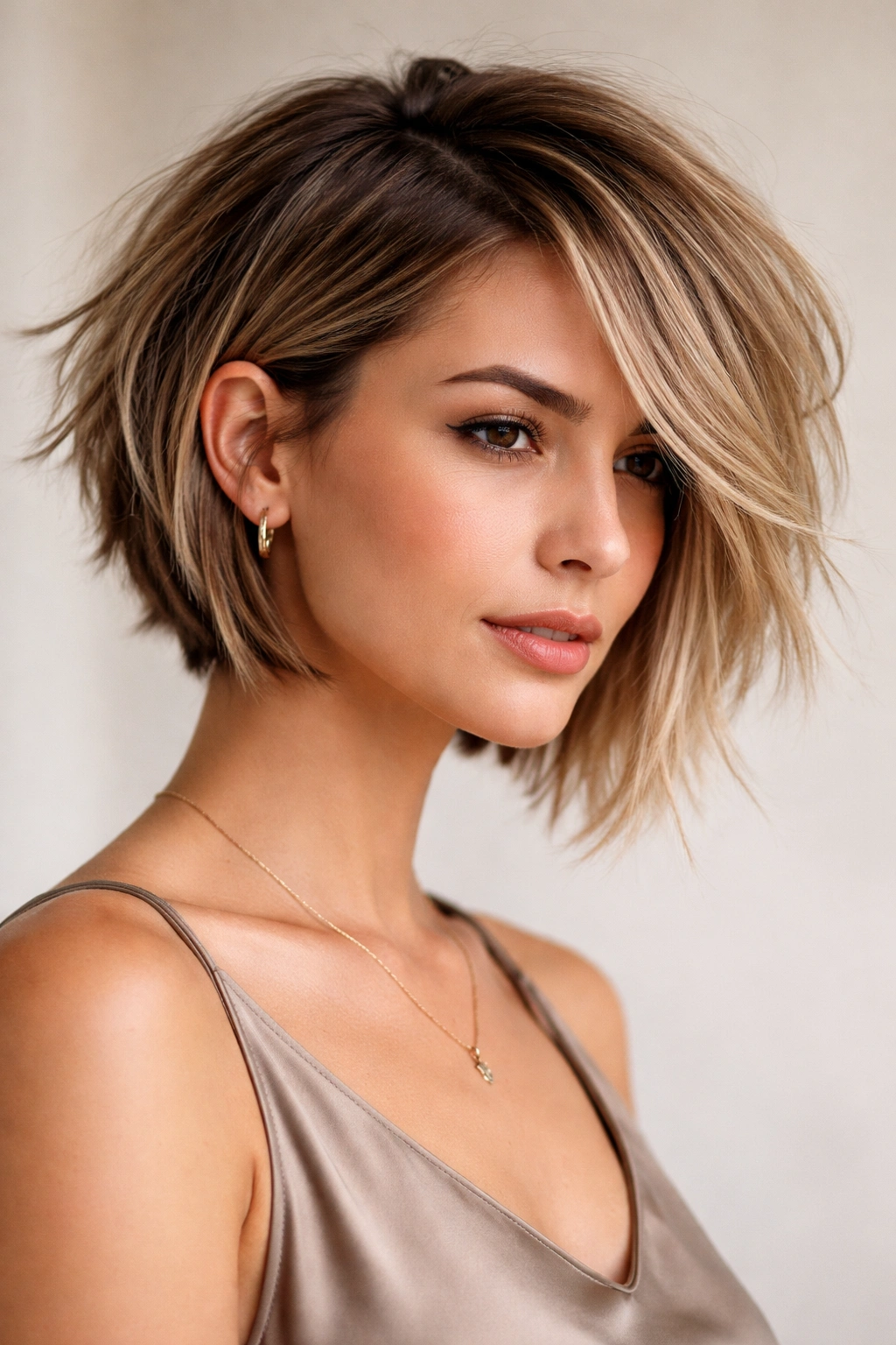 Three-quarter view of an asymmetrical bob with uneven choppy layers