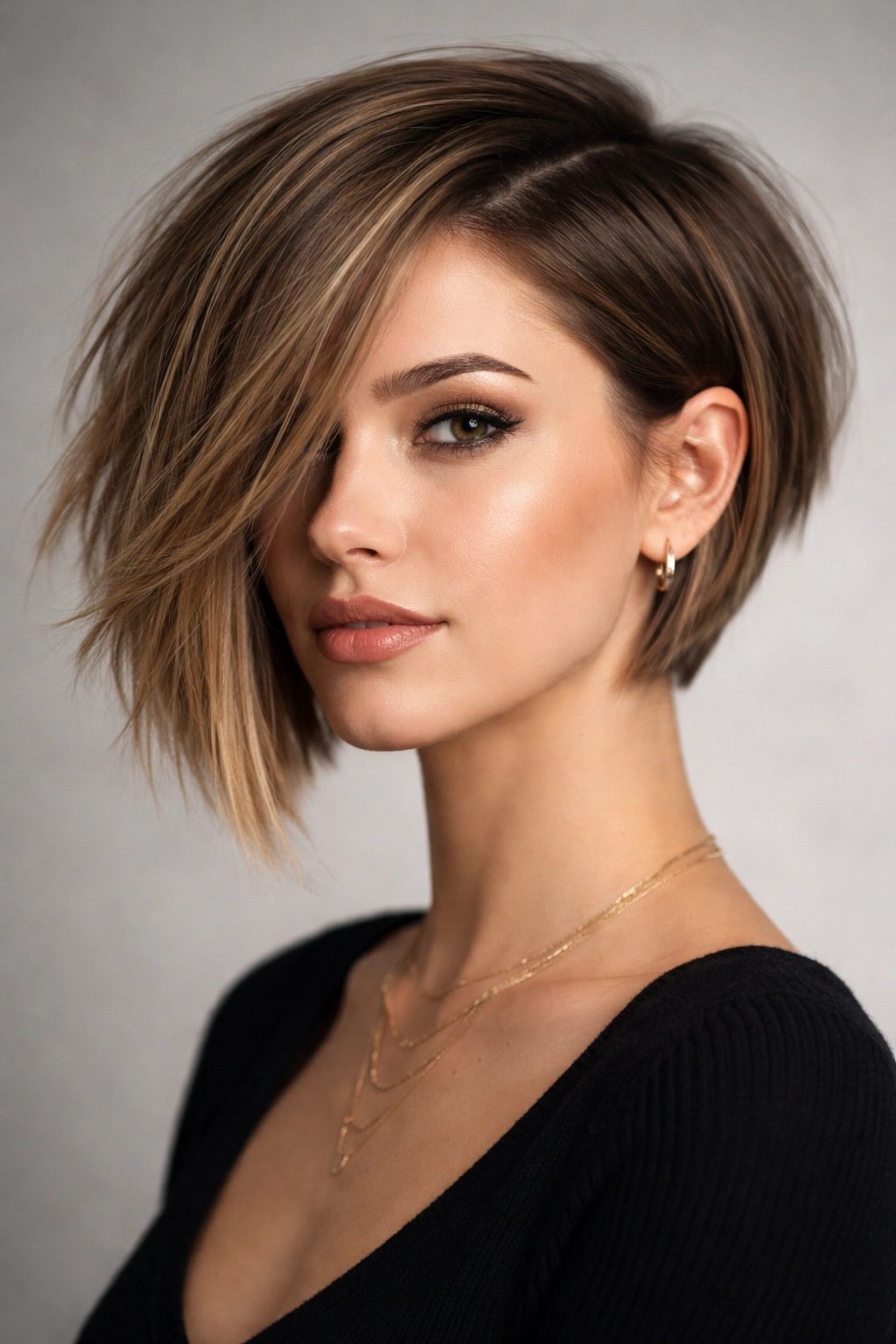 Asymmetrical angle hairstyle on a model in studio lighting
